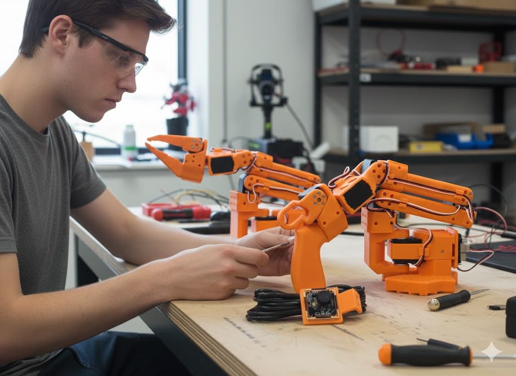 Participante trabajando con brazos roboticos SO-101